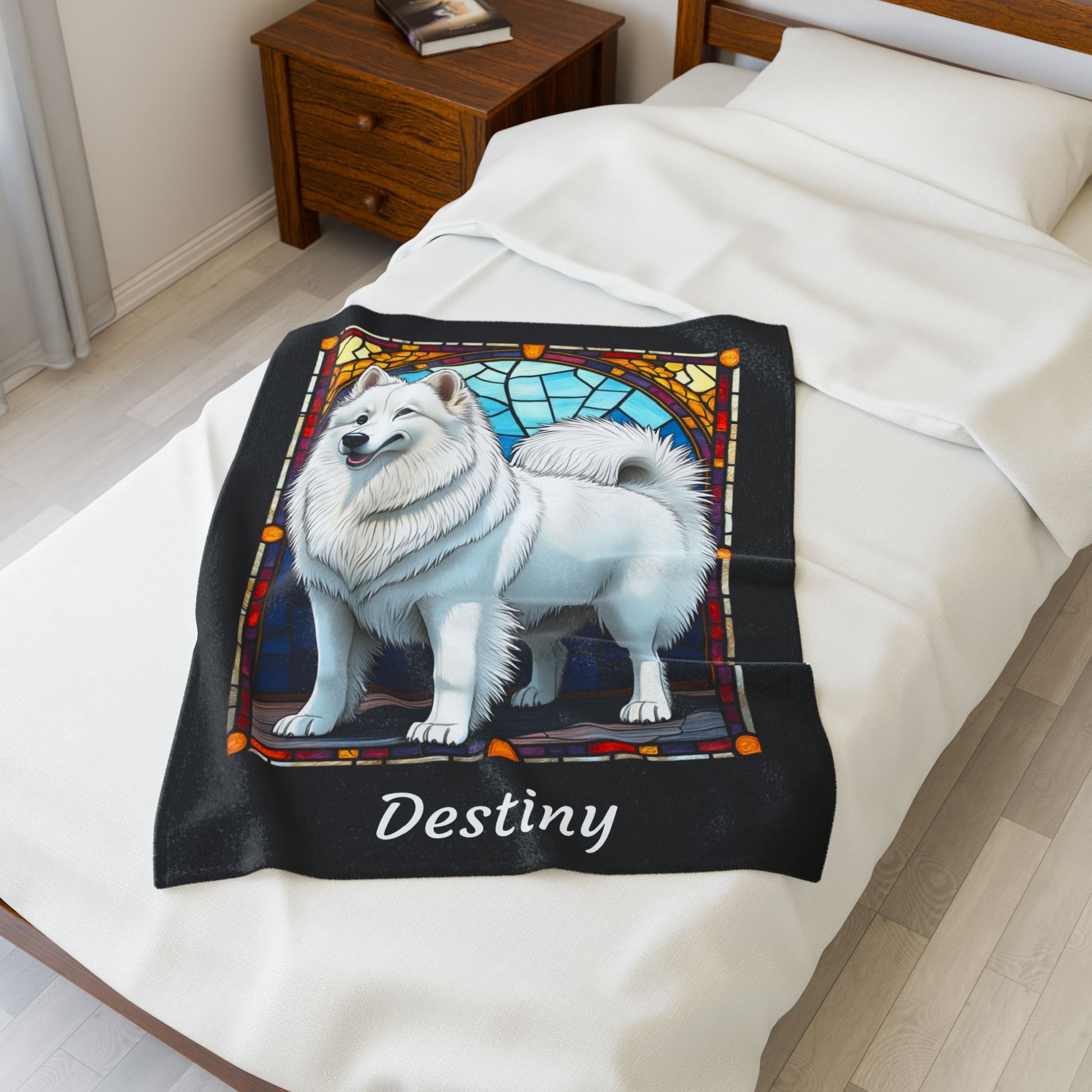 American Eskimo velveteen blanket, custom stained glass dog throw, personalized pet lover gift - MySisterIsASurvivor