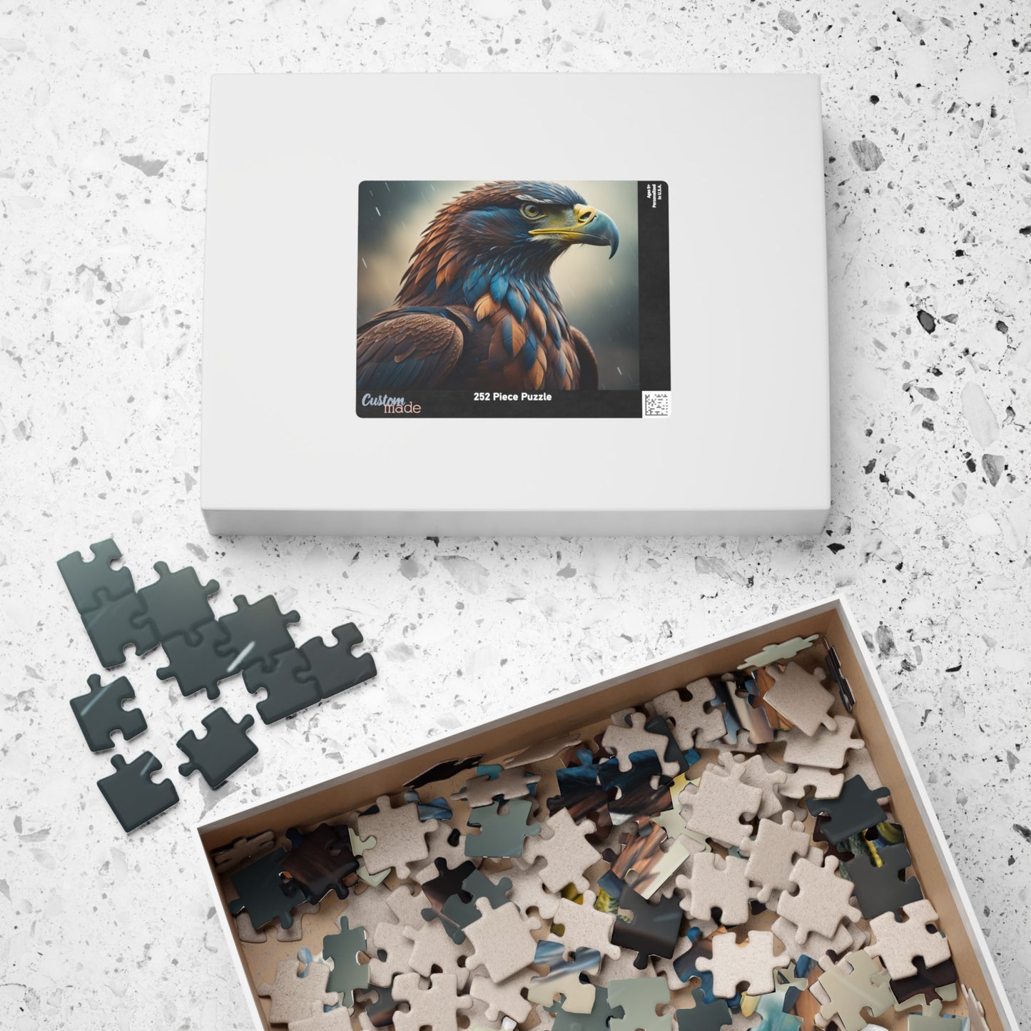 Talon Resilience - Brooding Eagle Portrait Puzzle with Dark Blue Feathers on Stormy Rainy Background