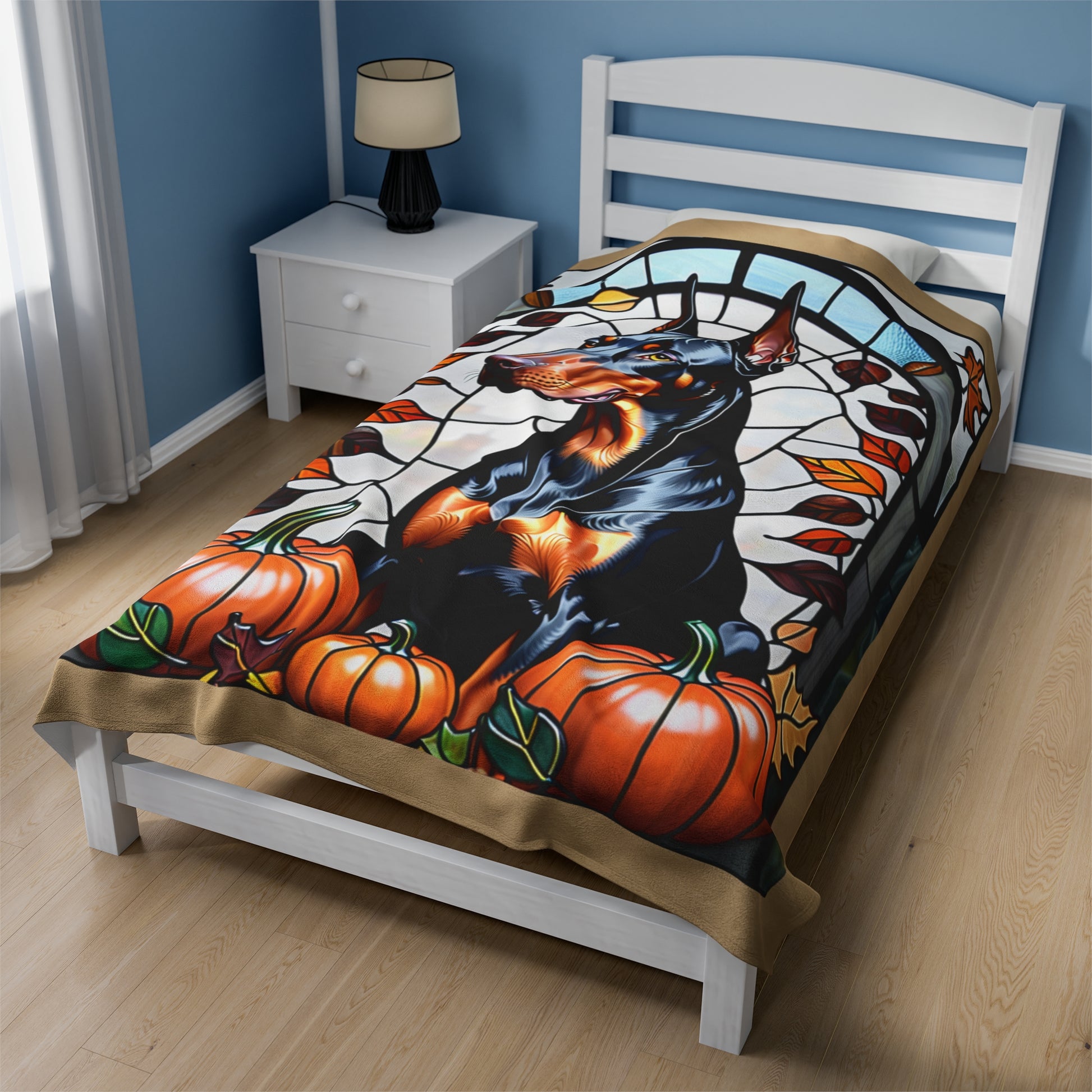Soft stained glass Doberman blanket in velveteen fabric, thoughtful dog lover gift idea