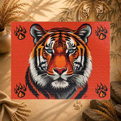 Wild Resilience - Tiger Portrait Puzzle with Paw Prints on Bold Red Background