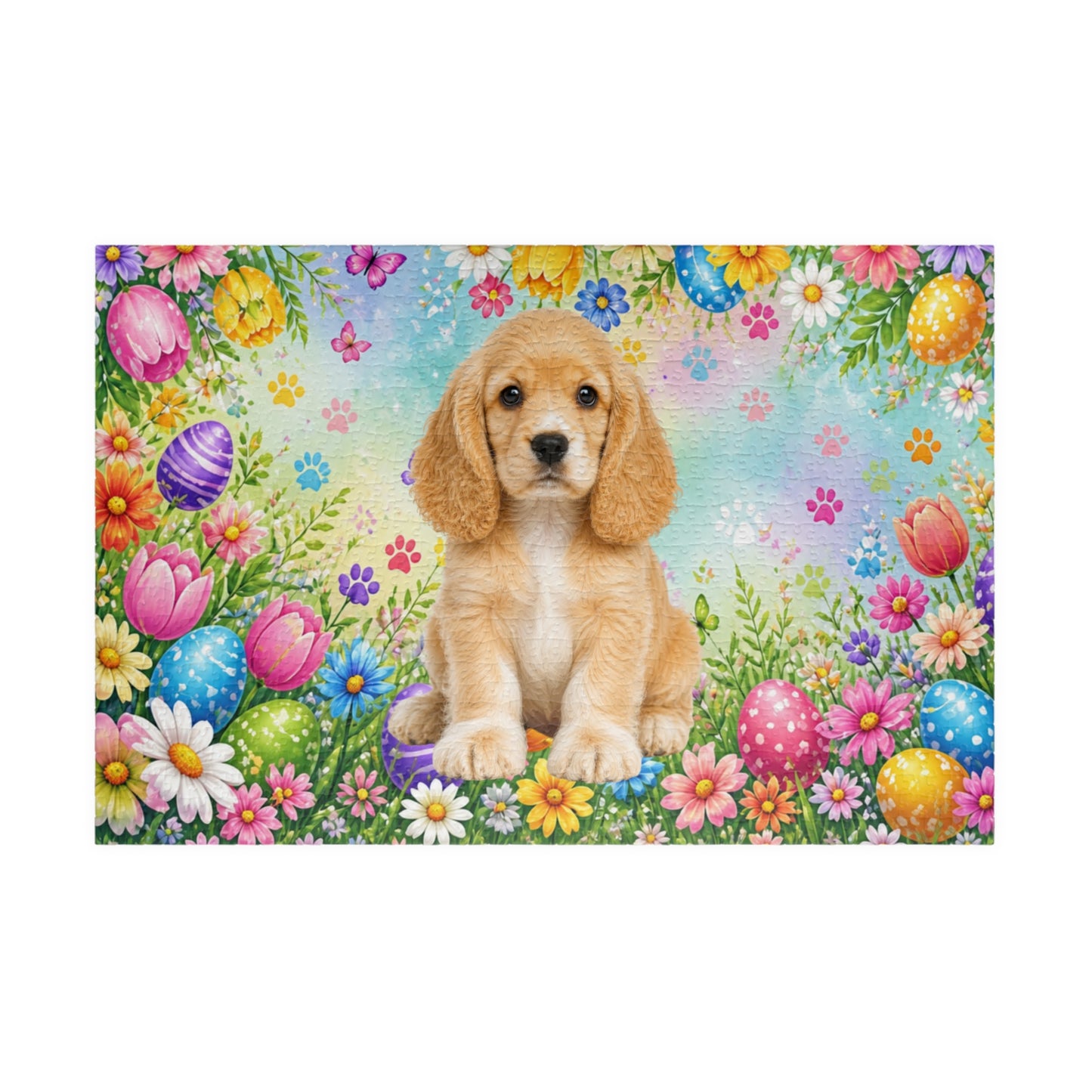 American Cocker Spaniel (Lemon & White) Easter Puppy Puzzle - Spring Garden with Eggs, Tulips, and Daisies