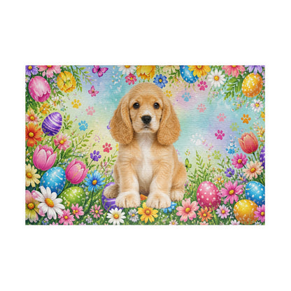 American Cocker Spaniel (Lemon & White) Easter Puppy Puzzle - Spring Garden with Eggs, Tulips, and Daisies