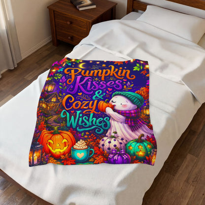 Pumpkin Kisses and Cozy Wishes Velveteen Blanket - Ghost Kissing Pumpkin with Teal Heart Mug and Cottage