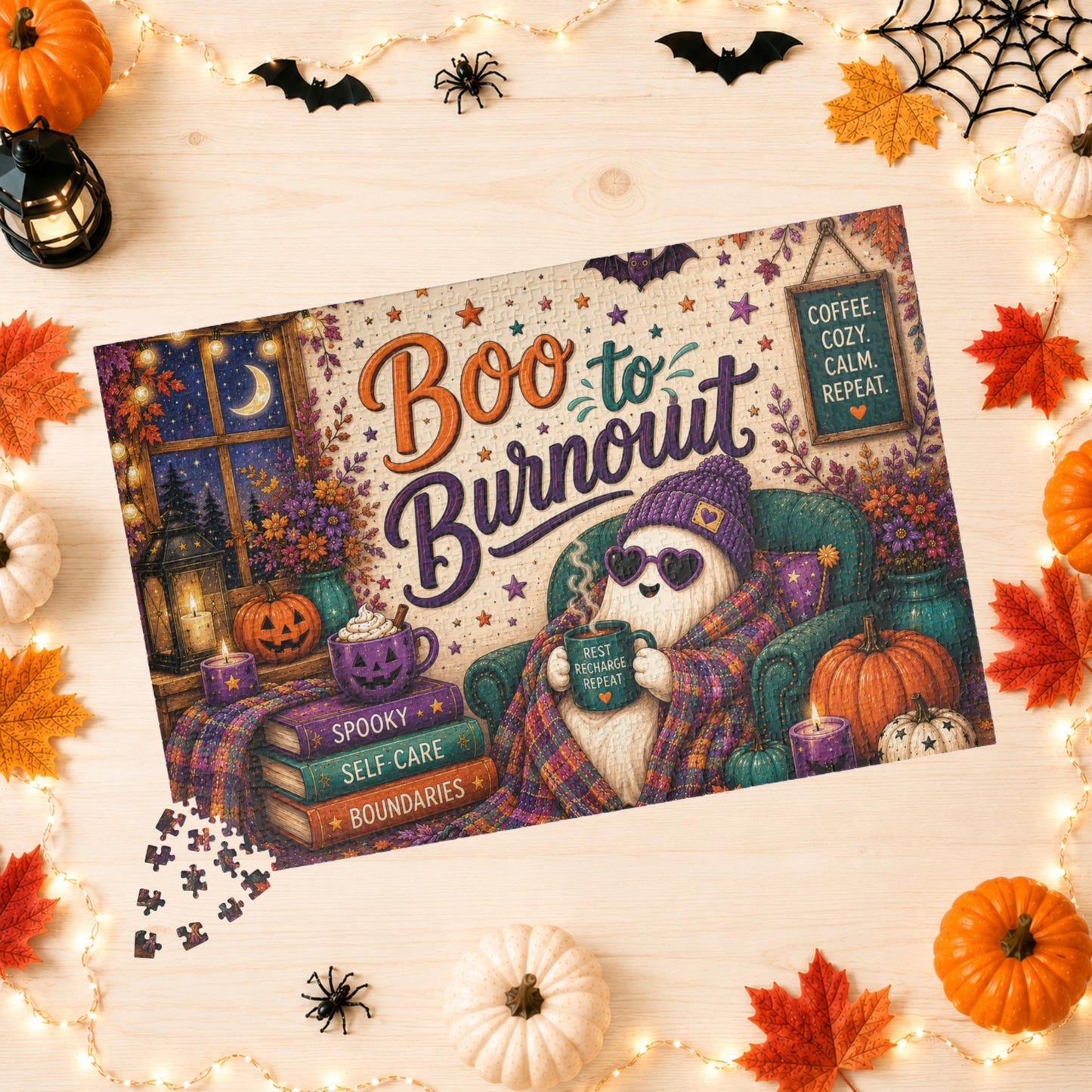 Boo to Burnout Halloween Puzzle - Ghost in Beanie with Rest Recharge Repeat Mug and Self-Care Books