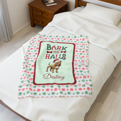 Pitbull (Buckskin) Personalized Velveteen Plush Blanket - "Bark The Halls" | Cozy Holiday Gift for Dog Lovers