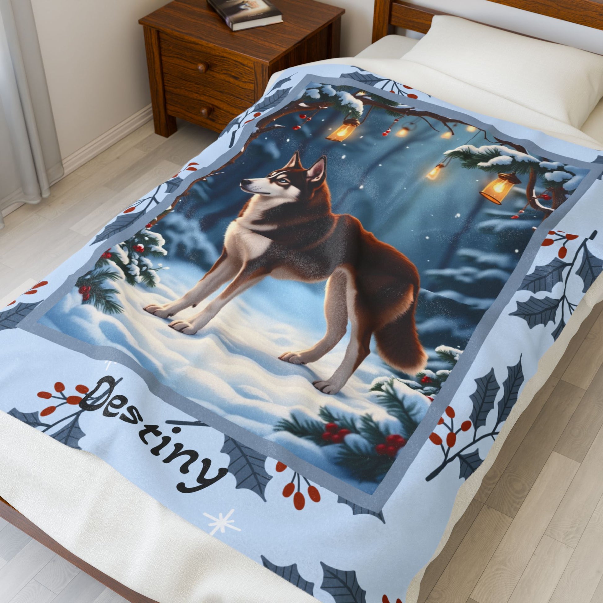 Husky Chocolate Red personalized winter throw with warm-toned Husky art in a cozy snowy lodge illustration