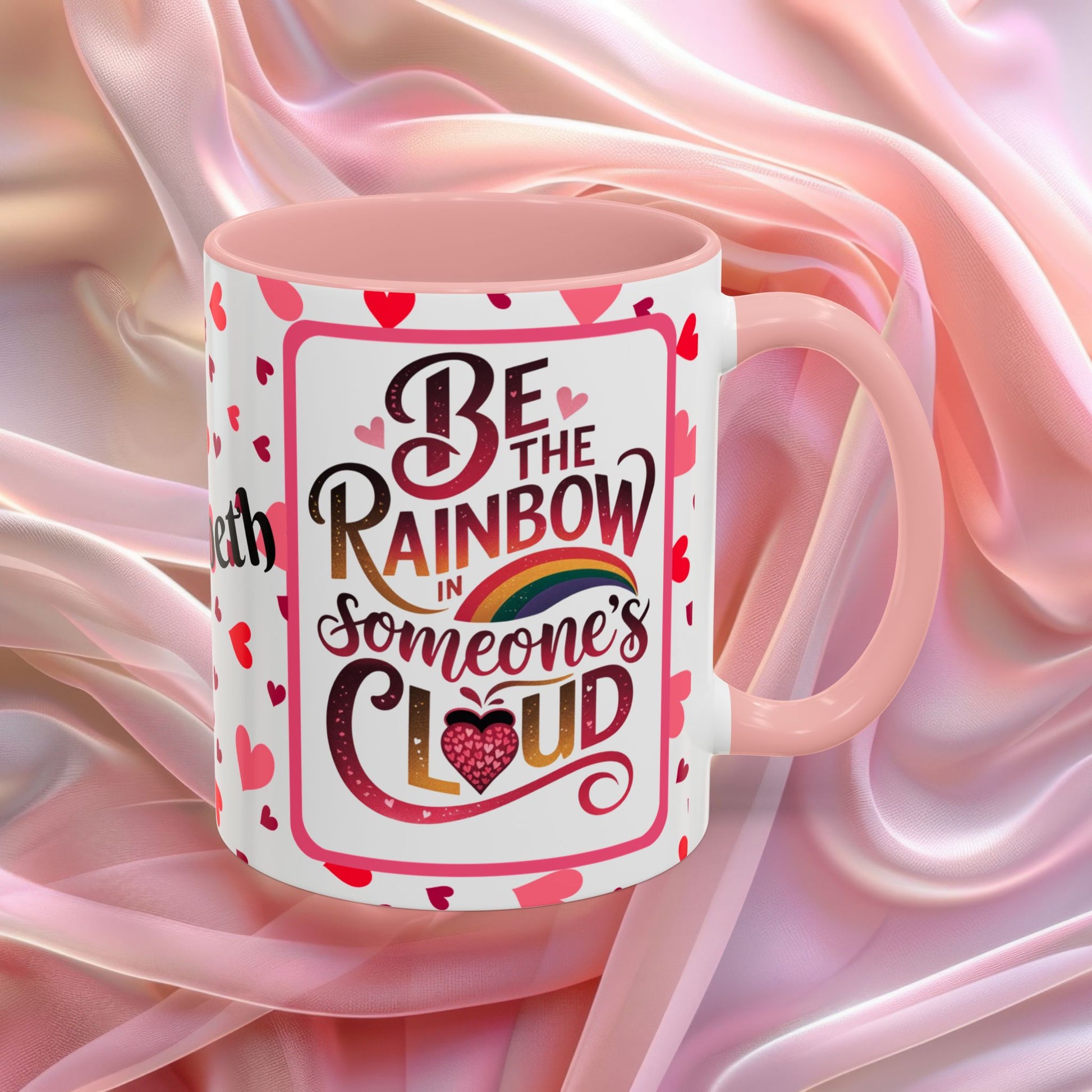 Be The Rainbow Valentines affirmation mug with uplifting message, colorful Valentine themed ceramic coffee cup