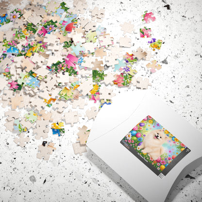 Pomeranian (Cream) Easter Puppy Puzzle - Spring Garden with Eggs, Tulips, and Daisies