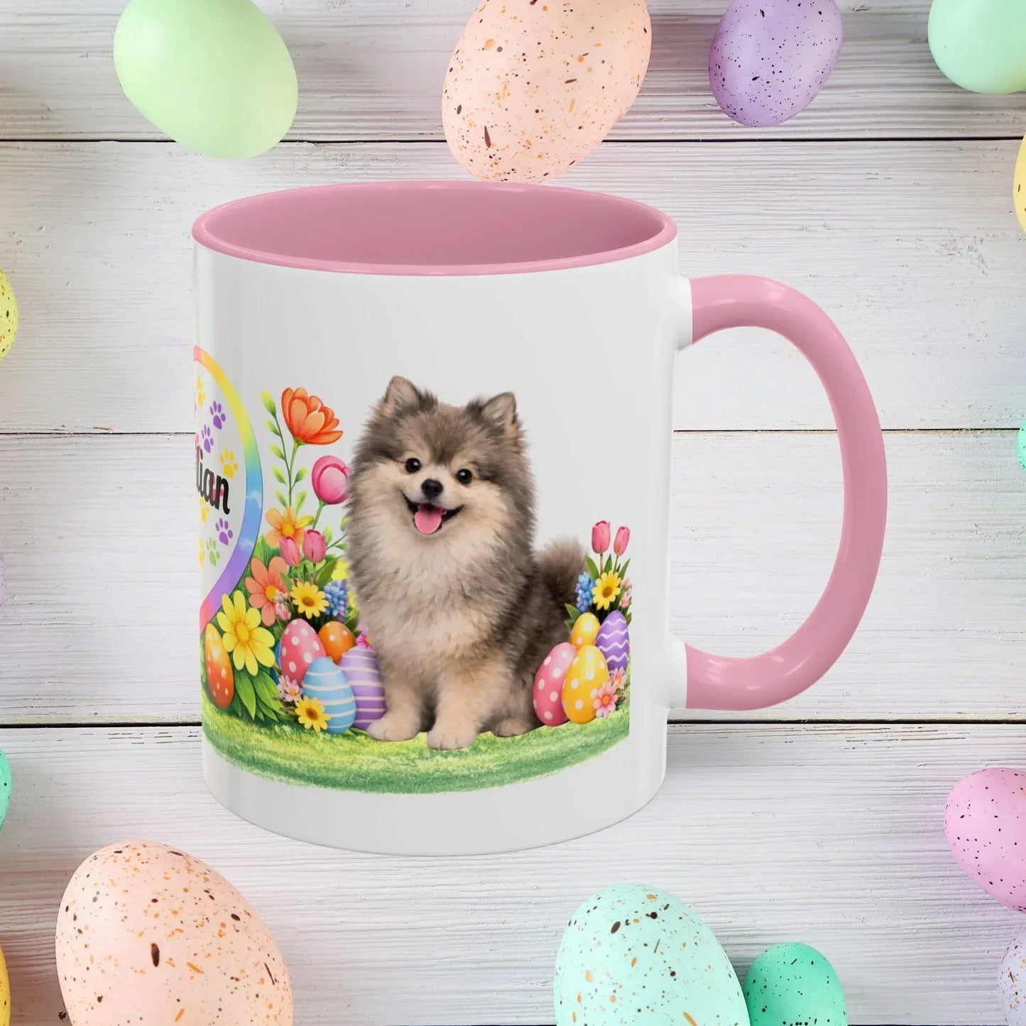 Shop our pomeranian wolf sable puppy easter mug featuring the 11oz style option from MySisterIsASurvivor.