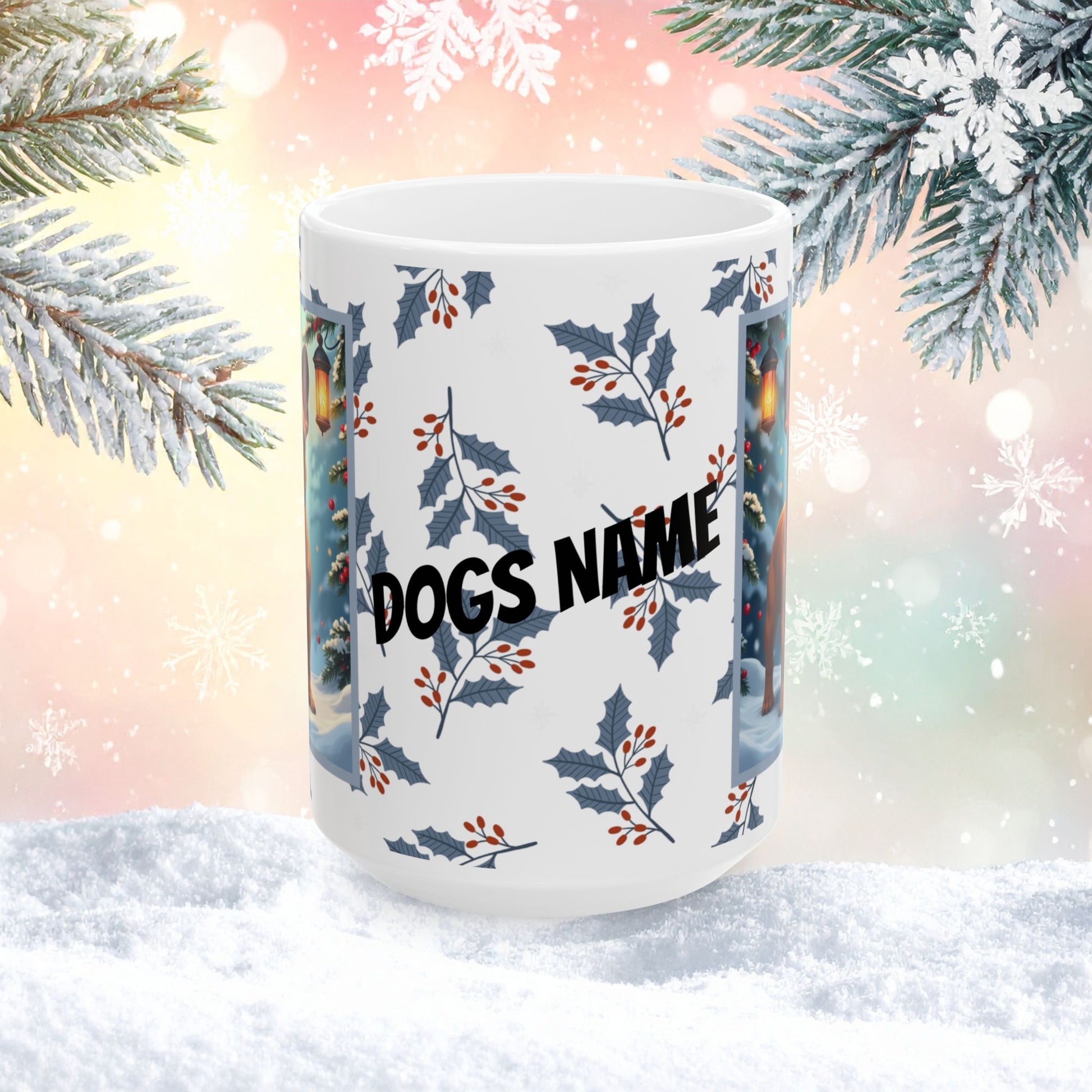 French Bulldog (Red Fawn) Winter Mug - red fawn French Bulldog artwork standing in a winter setting with snowy background