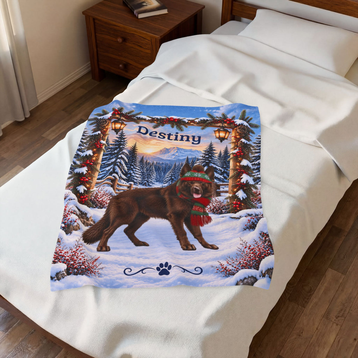 German Shepherd (Liver Coat) - Personalized Winter Woodland Throw, Custom Name Velveteen Blanket - MySisterIsAsurvor