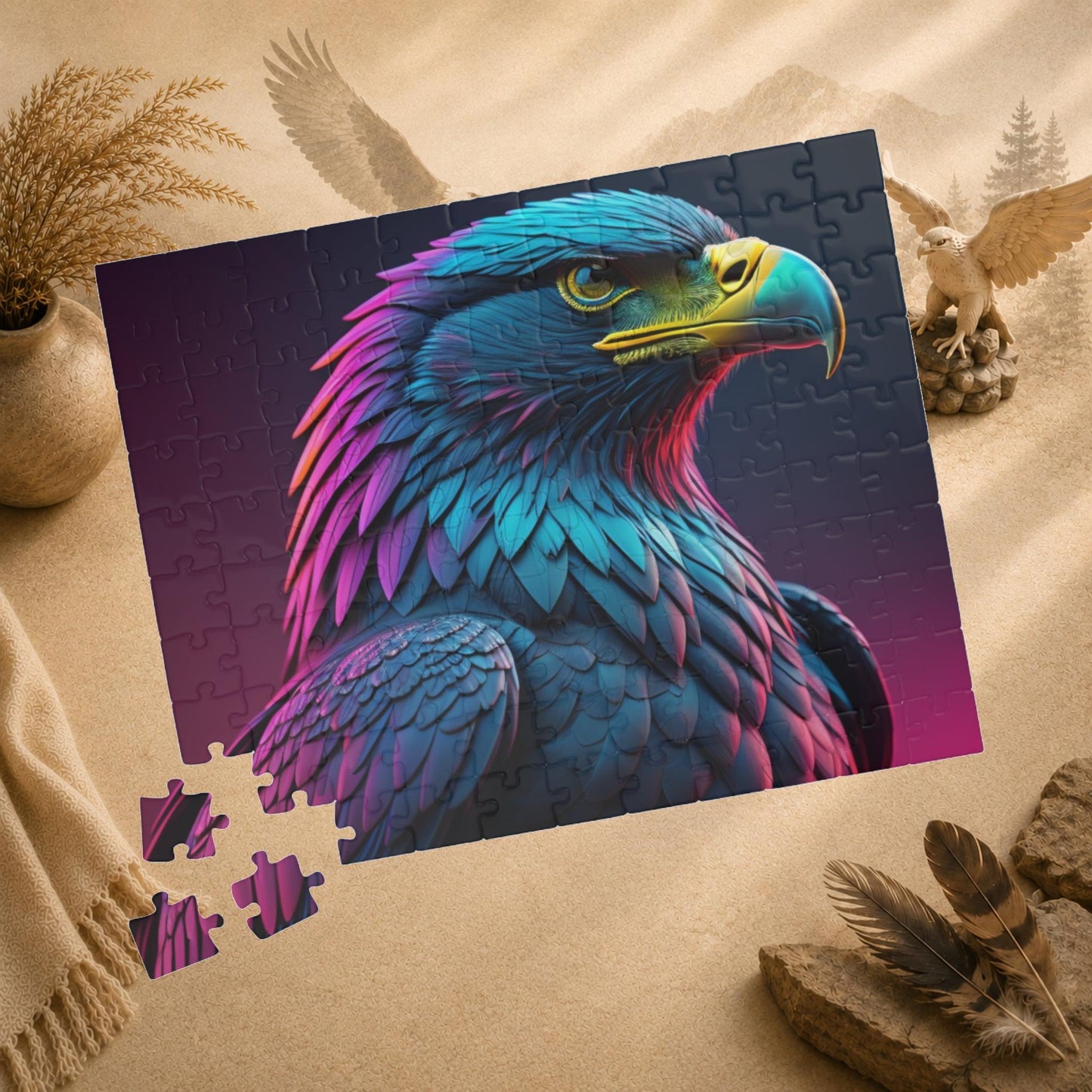 Eagle's Fortitude - Neon Eagle Portrait Puzzle with Teal and Pink-Purple Feathers on Dark Gradient