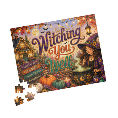 Witching You Well Halloween Puzzle - Witch Stirring Cauldron with Pumpkins, Full Moon, and Cottage