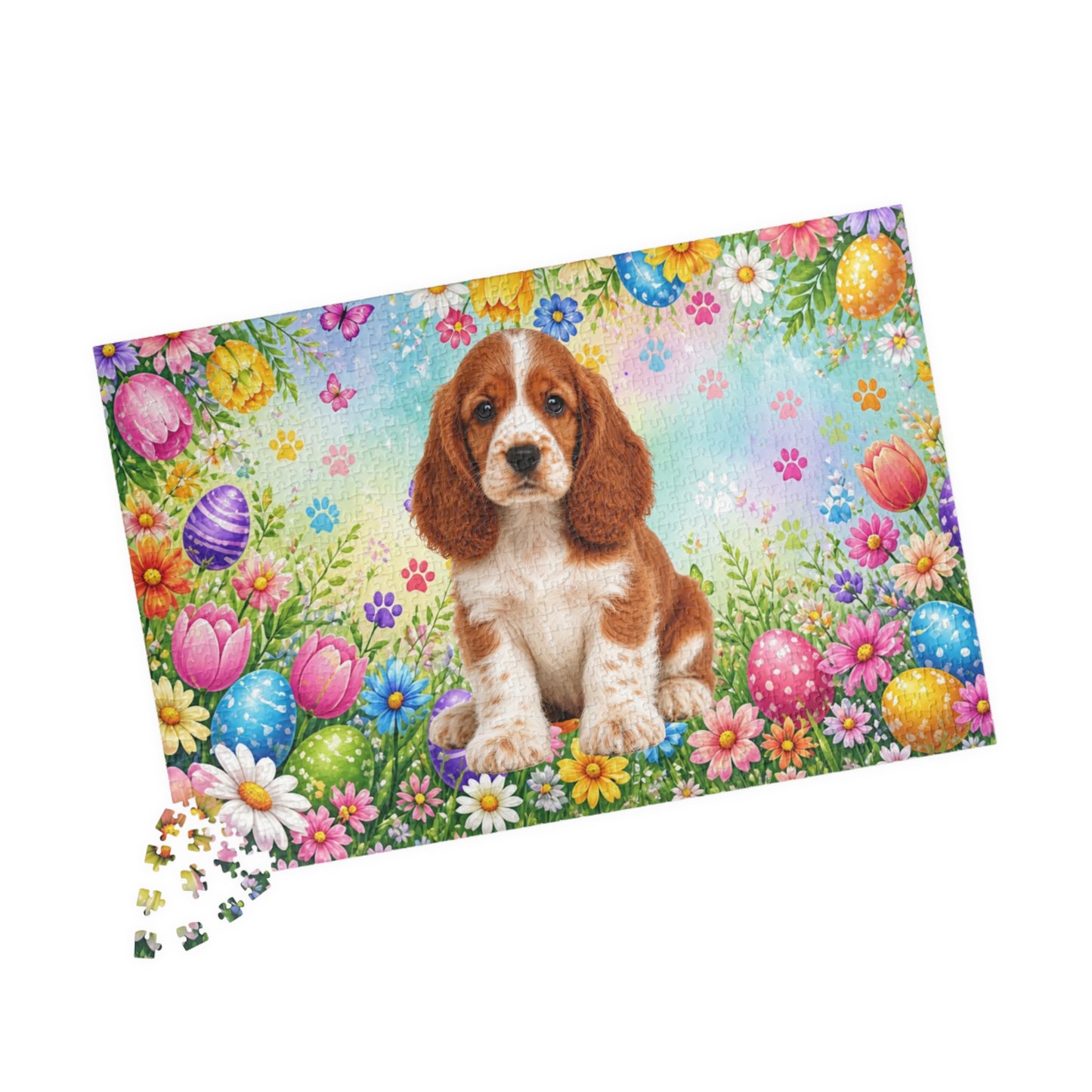 American Cocker Spaniel (Red & White) Easter Puppy Puzzle - Spring Garden with Eggs, Tulips, and Daisies
