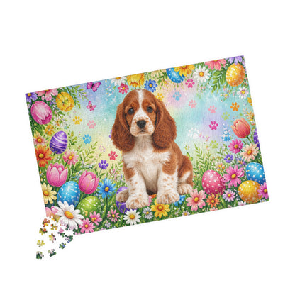 American Cocker Spaniel (Red & White) Easter Puppy Puzzle - Spring Garden with Eggs, Tulips, and Daisies