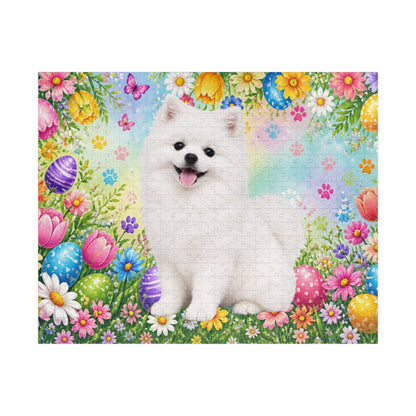 Pomeranian (White) Easter Puppy Puzzle - Spring Garden with Eggs, Tulips, and Daisies
