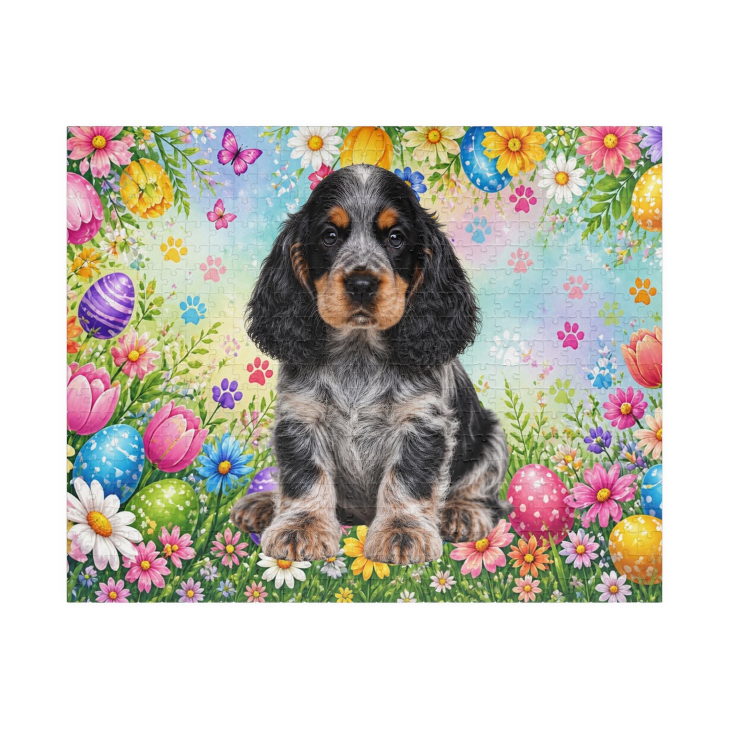 American Cocker Spaniel (Blue Roan) Easter Puppy Puzzle - Spring Garden with Eggs, Tulips, and Daisies