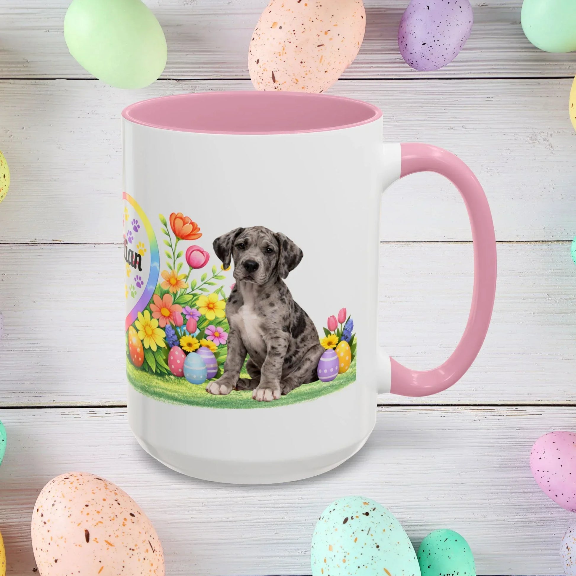 Shop our great dane merle puppy easter mug featuring the 15oz style option from MySisterIsASurvivor.