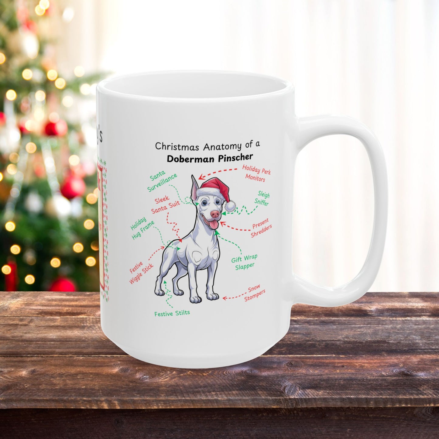 Doberman (White) Christmas Mug - custom dog anatomy coffee cup, perfect holiday gift for Doberman pet parents