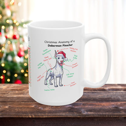 Doberman (White) Christmas Mug - custom dog anatomy coffee cup, perfect holiday gift for Doberman pet parents