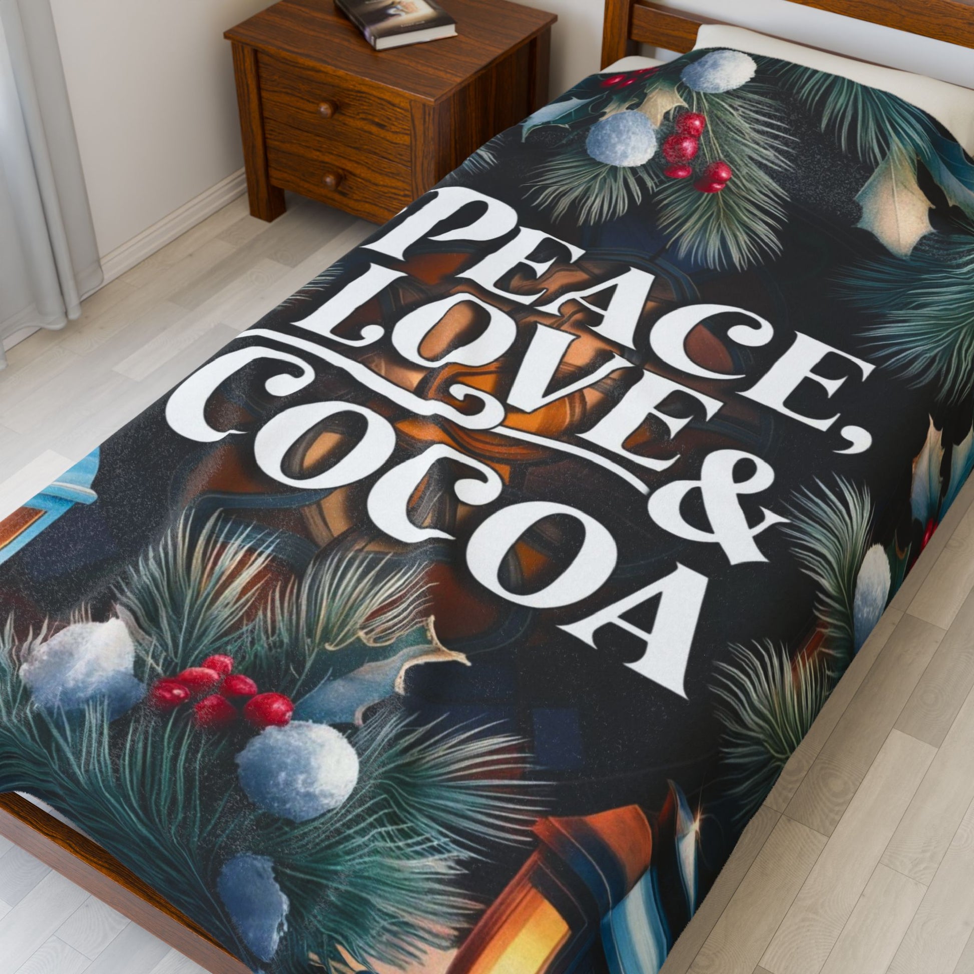 Cozy Christmas blanket “Peace, Love & Cocoa” holiday throw for warmth, relaxation, and joy