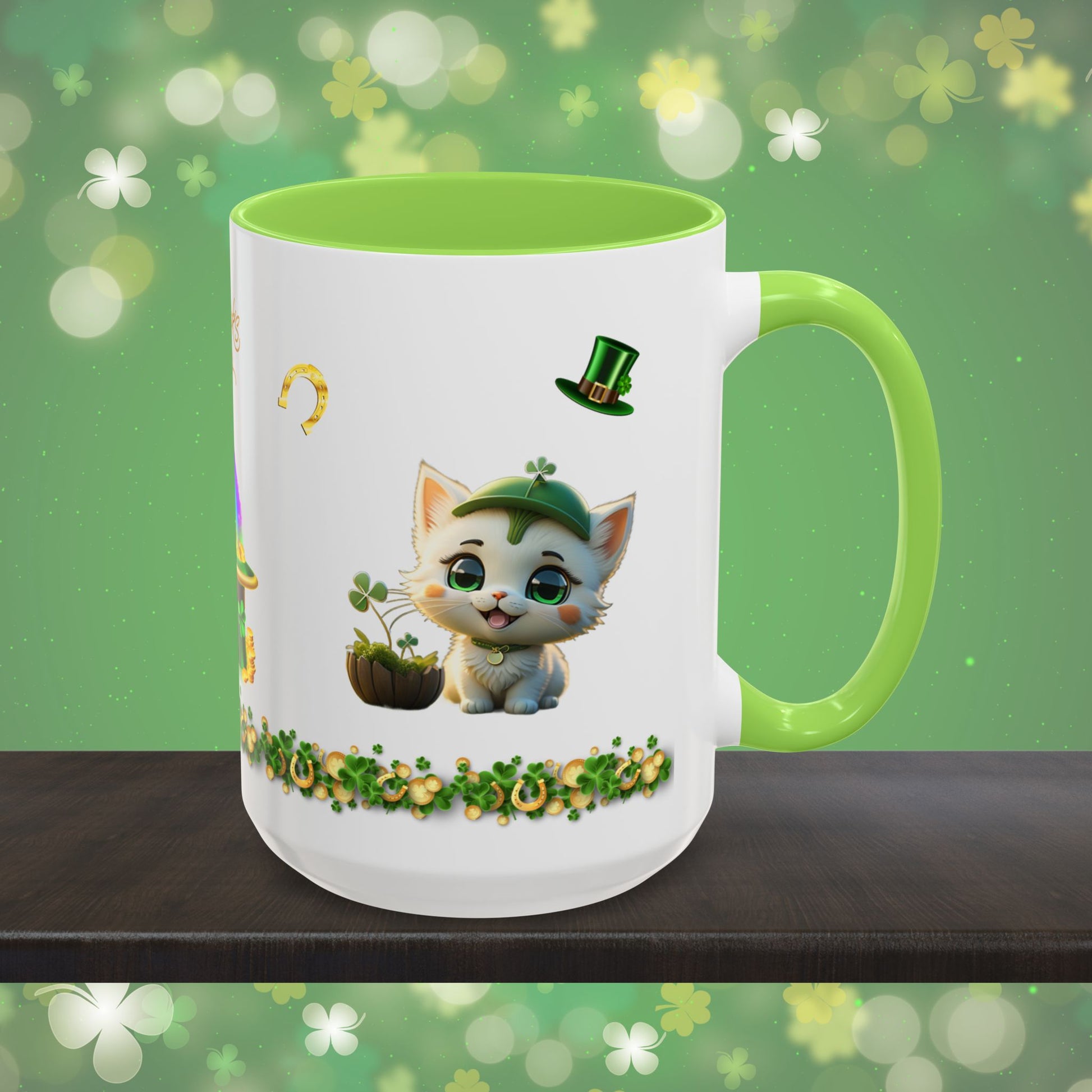 Clover Comfort Cat: St. Patrick's Day Two-Tone Coffee Mug - Festive Ceramic Mug for Positivity & Mindfulness