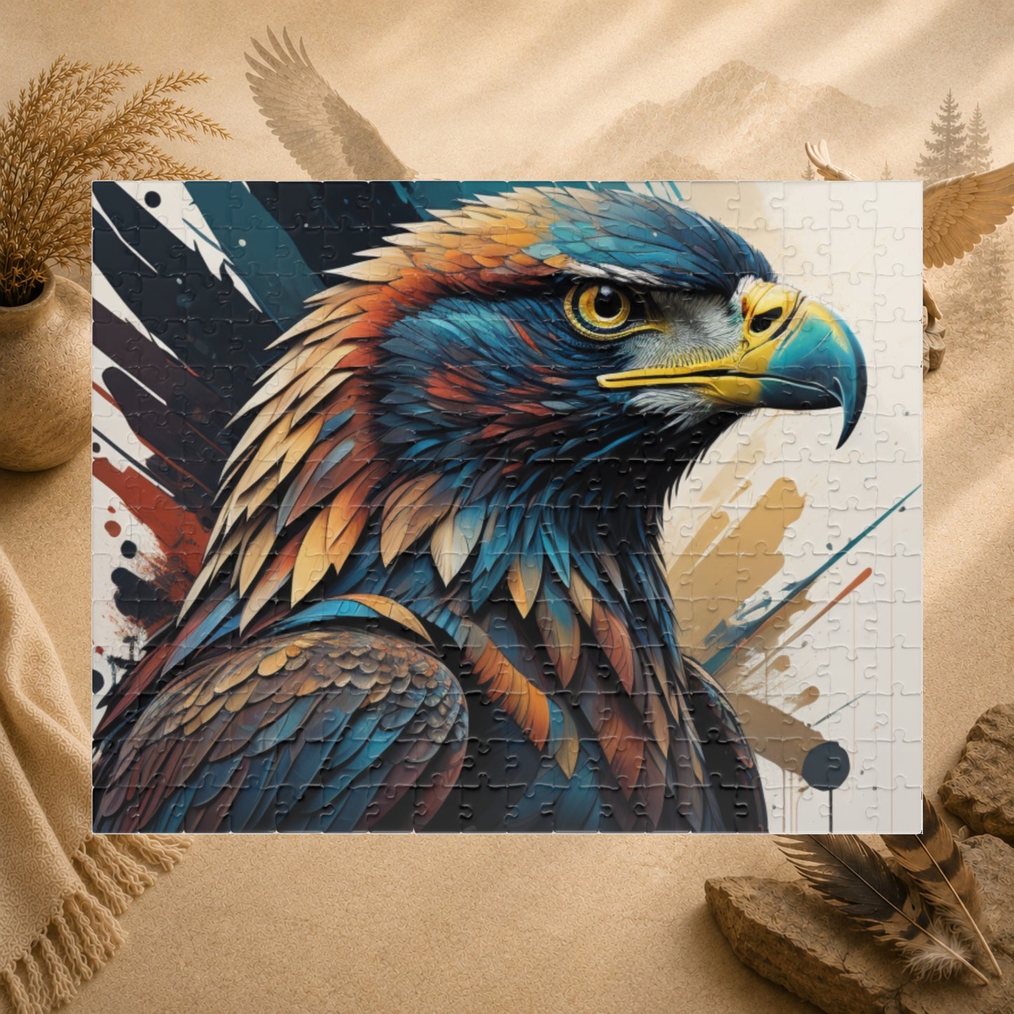 Raptor Resilience - Graffiti Mural Eagle Portrait Puzzle with Teal, Copper, and Dark Blue Feathers