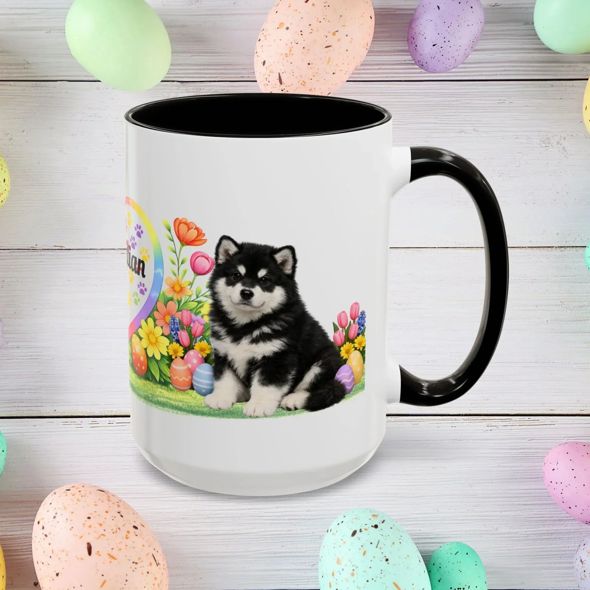 Shop our alaskan malamute black white puppy easter mug featuring the 15oz style option from MySisterIsASurvivor.