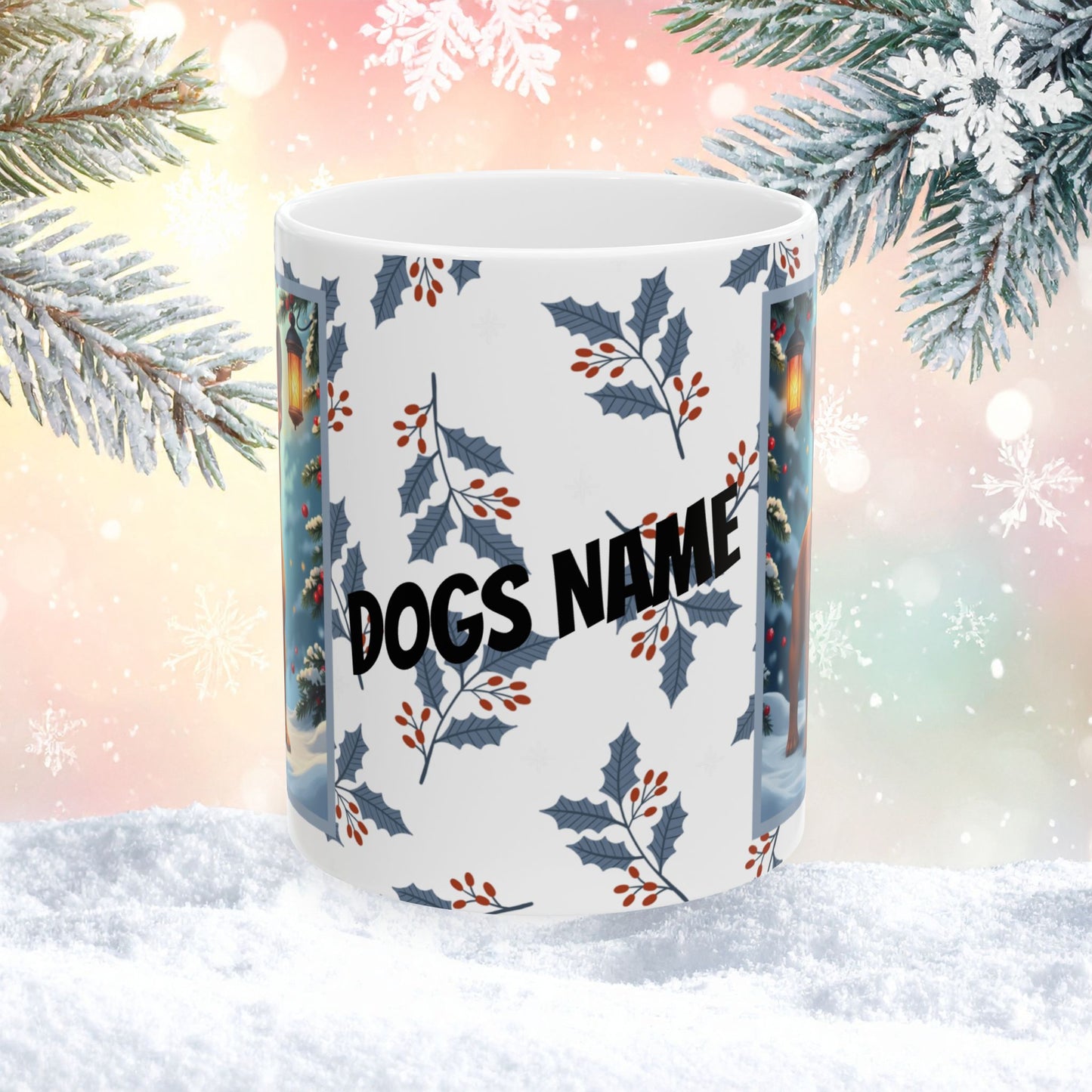 French Bulldog (Red Fawn) Winter Mug - red fawn French Bulldog artwork standing in a winter setting with snowy background