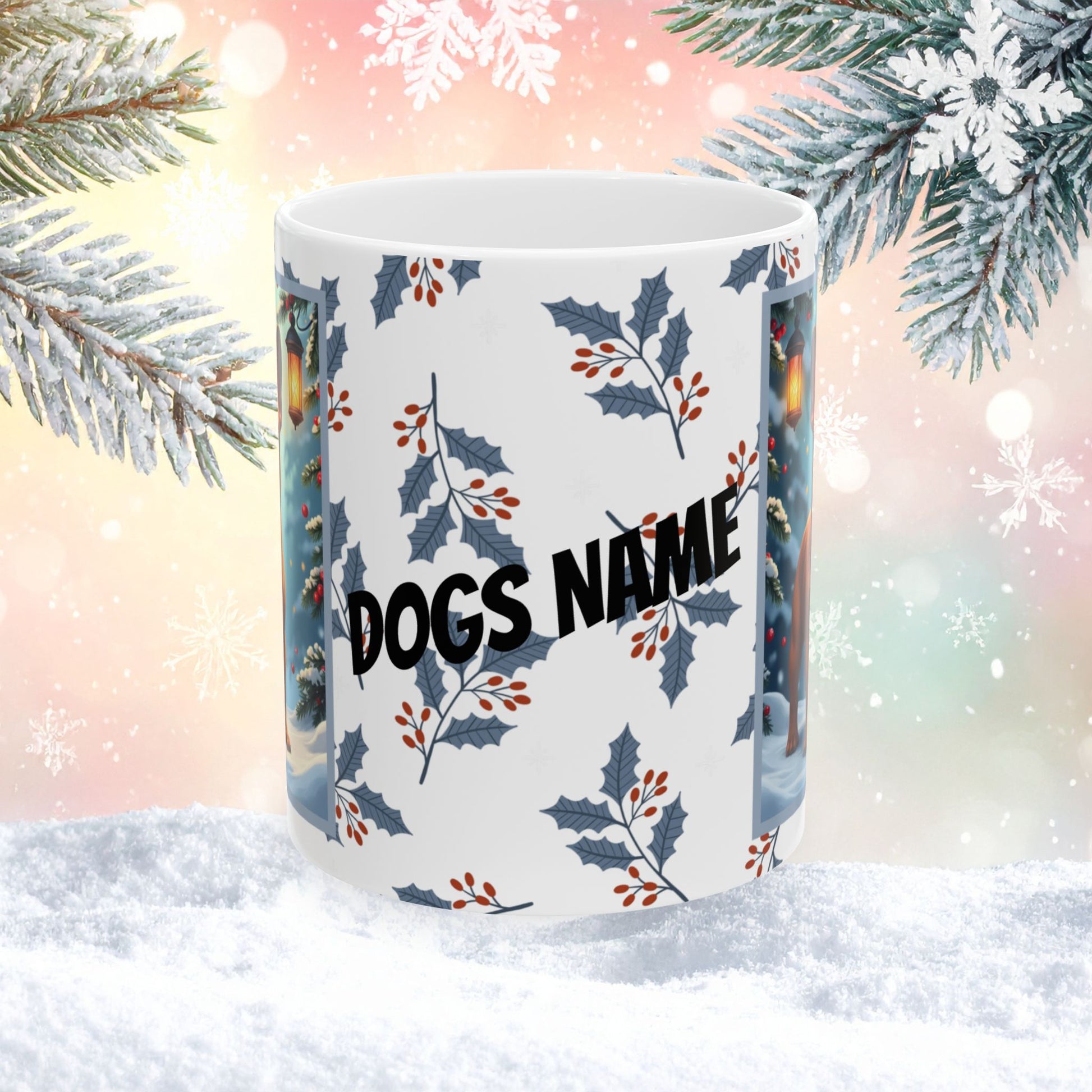 French Bulldog (Red Fawn) Winter Mug - red fawn French Bulldog artwork standing in a winter setting with snowy background