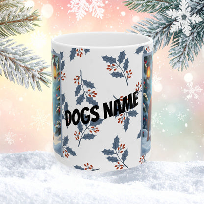 French Bulldog (Red Fawn) Winter Mug - red fawn French Bulldog artwork standing in a winter setting with snowy background