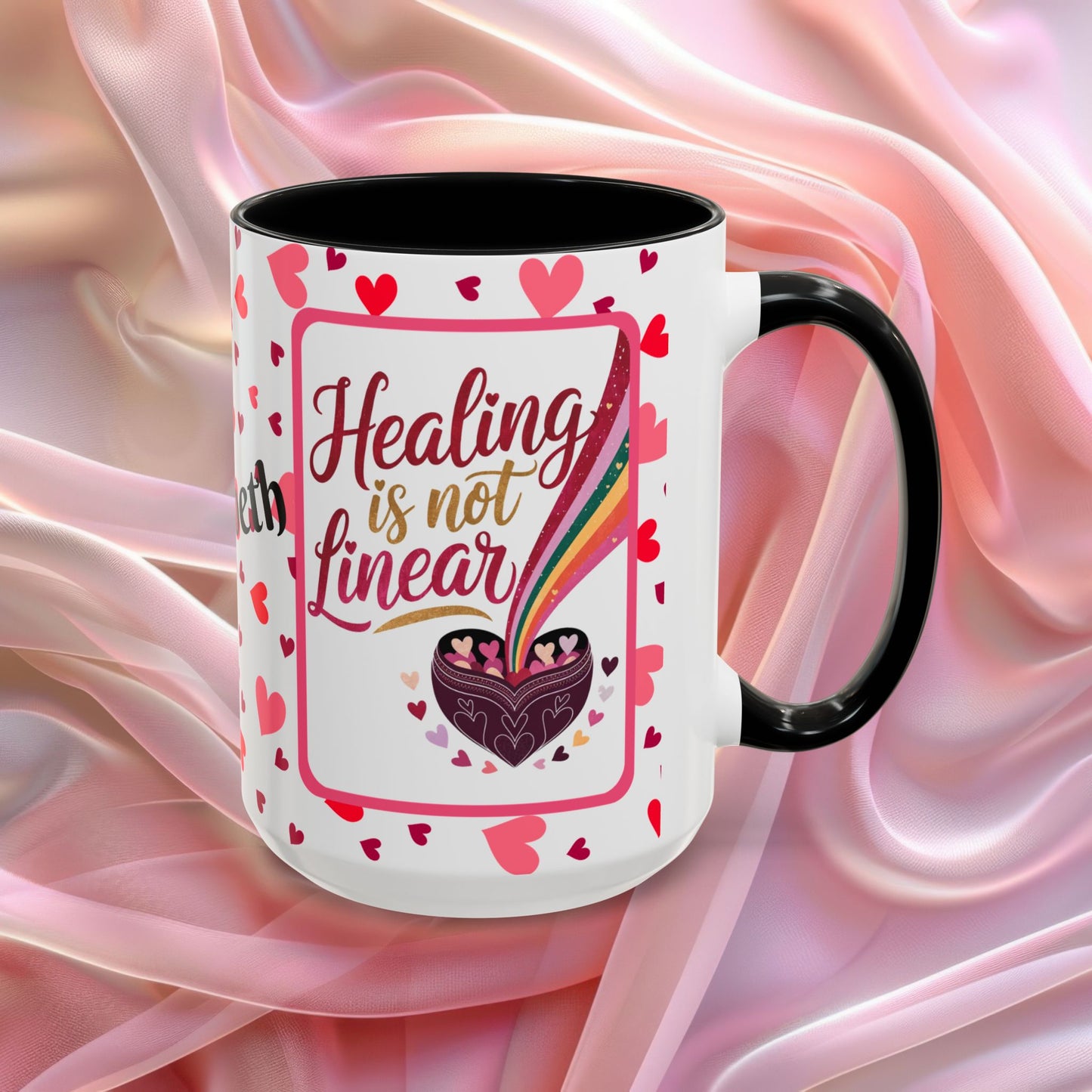 Healing Is Not Linear Valentines mug offering comfort and resilience, Valentine themed affirmation coffee cup