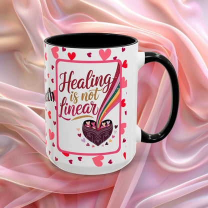Healing Is Not Linear Valentines mug offering comfort and resilience, Valentine themed affirmation coffee cup
