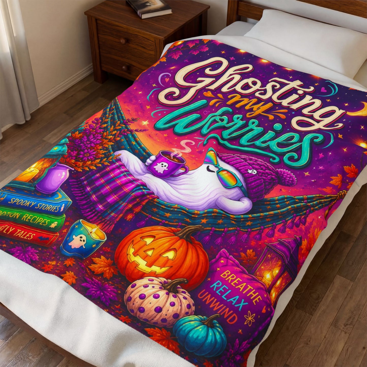 Ghosting My Worries Velveteen Blanket - Cozy Ghost in Hammock with Spooky Stories and Breathe Relax Unwind