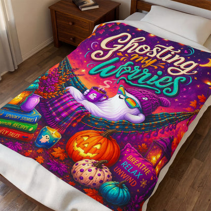 Ghosting My Worries Velveteen Blanket - Cozy Ghost in Hammock with Spooky Stories and Breathe Relax Unwind