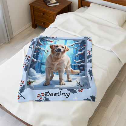 Golden Retriever White personalized winter throw featuring a white Golden Retriever in a cheerful lodge setting