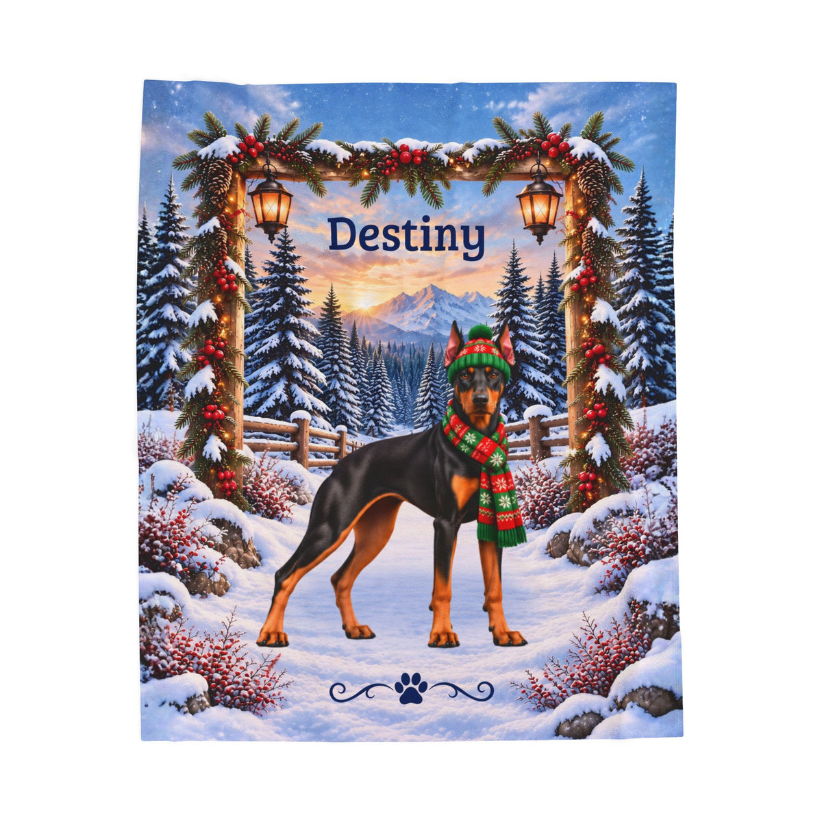 Doberman (Black & Rust Coat) - Personalized Winter Blanket, Lantern Woodland Custom Name Throw