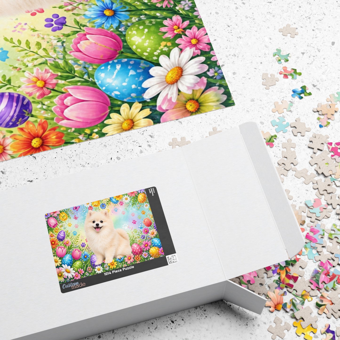 Pomeranian (Cream) Easter Puppy Puzzle - Spring Garden with Eggs, Tulips, and Daisies