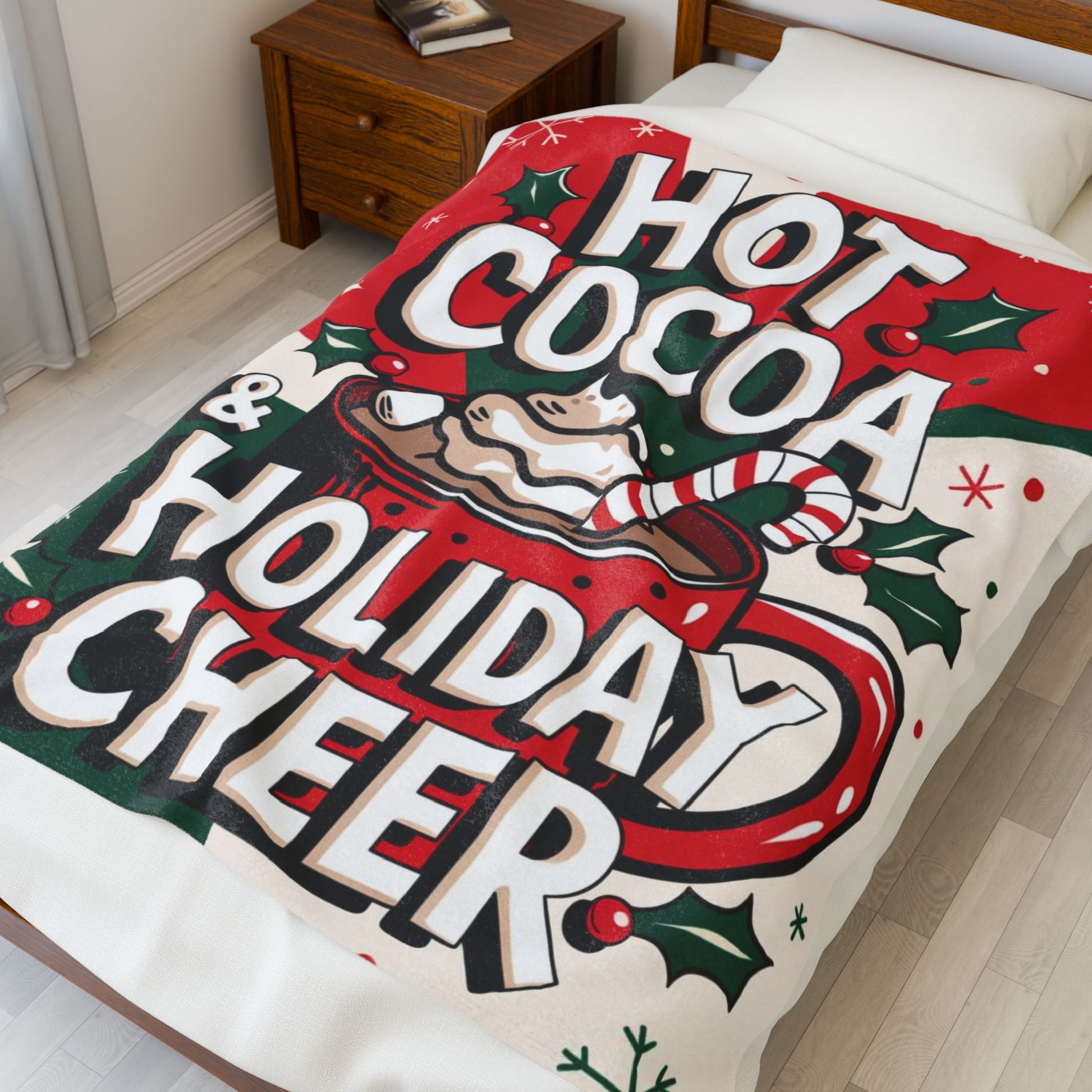 Holiday blanket “Hot Cocoa & Holiday Cheer” soft cozy throw with winter Christmas theme