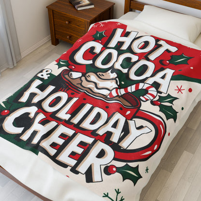 Holiday blanket “Hot Cocoa & Holiday Cheer” soft cozy throw with winter Christmas theme