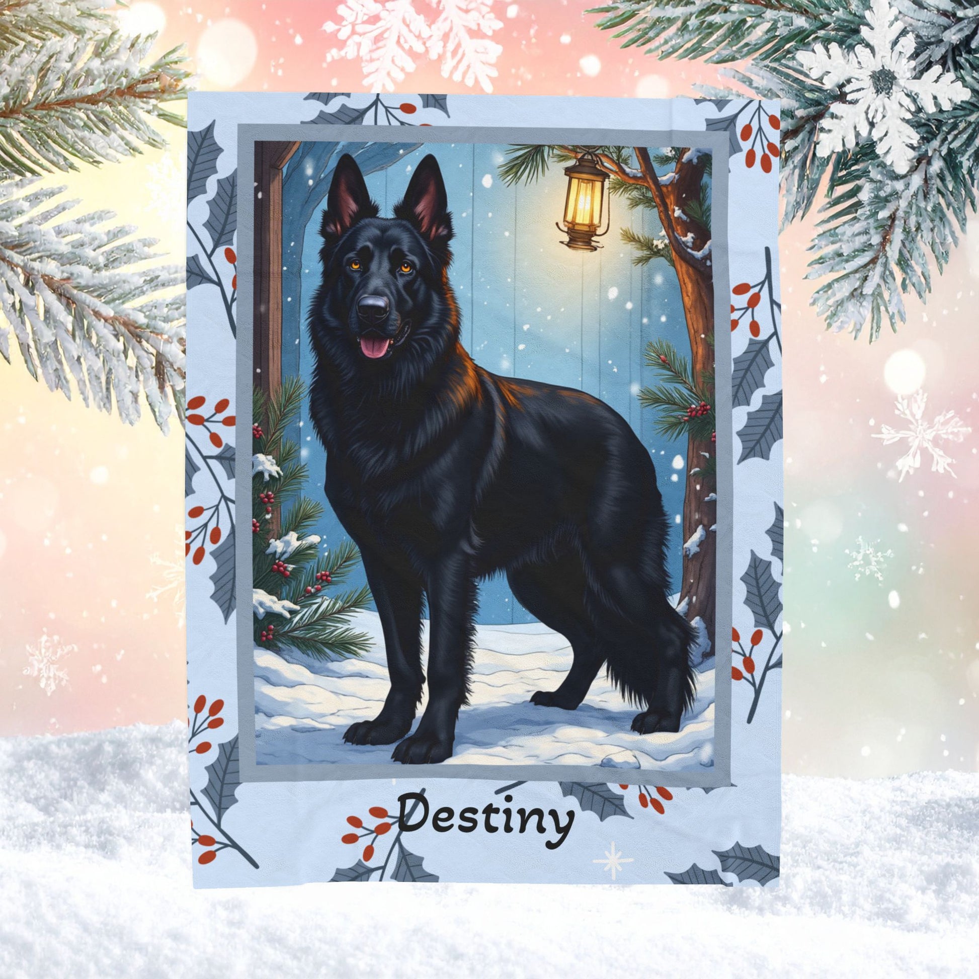 German Shepherd Black custom winter blanket with strong German Shepherd artwork in a cozy snowy lodge scene