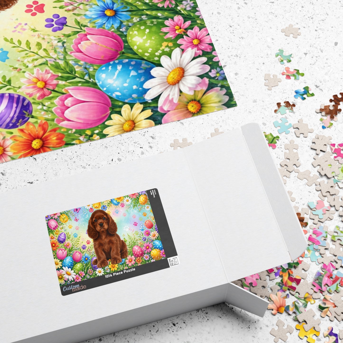 American Cocker Spaniel (Orange) Easter Puppy Puzzle - Spring Garden with Eggs, Tulips, and Daisies