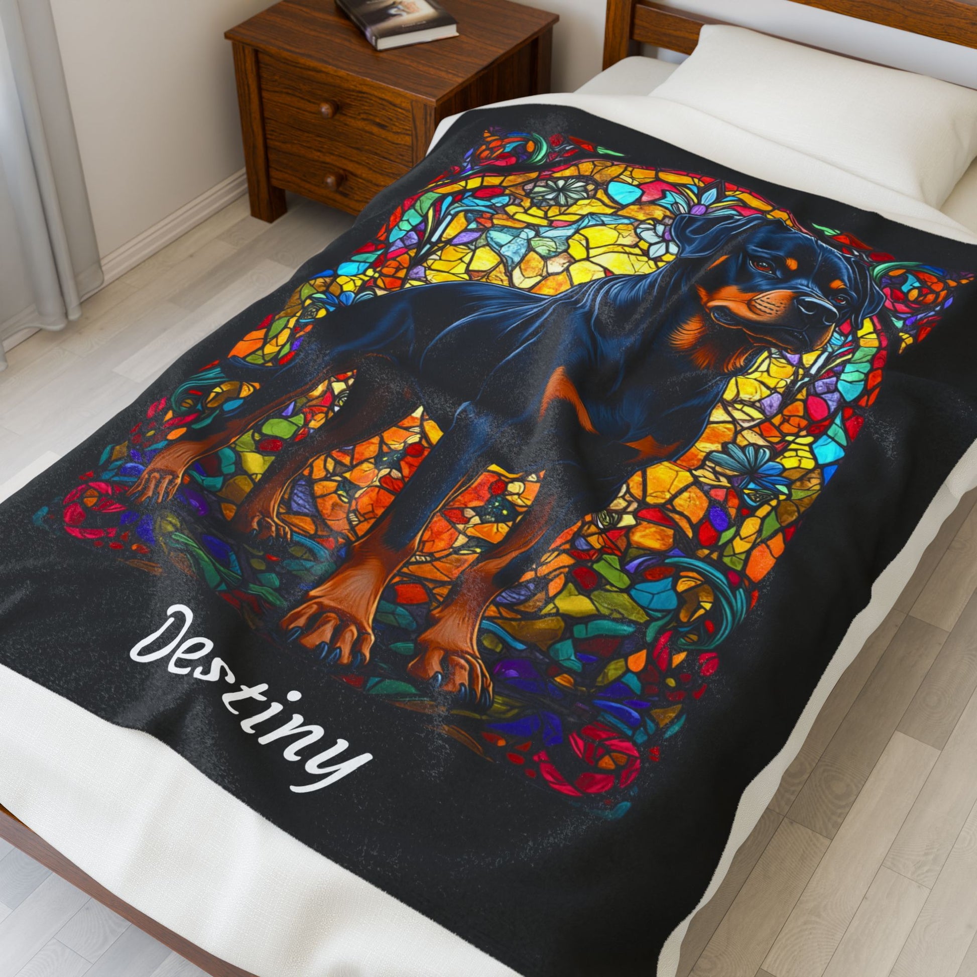 Rottweiler Black & Rust Coat Blanket, Velveteen Plush Stained Glass Dog Throw, Custom Pet Lover Gift
