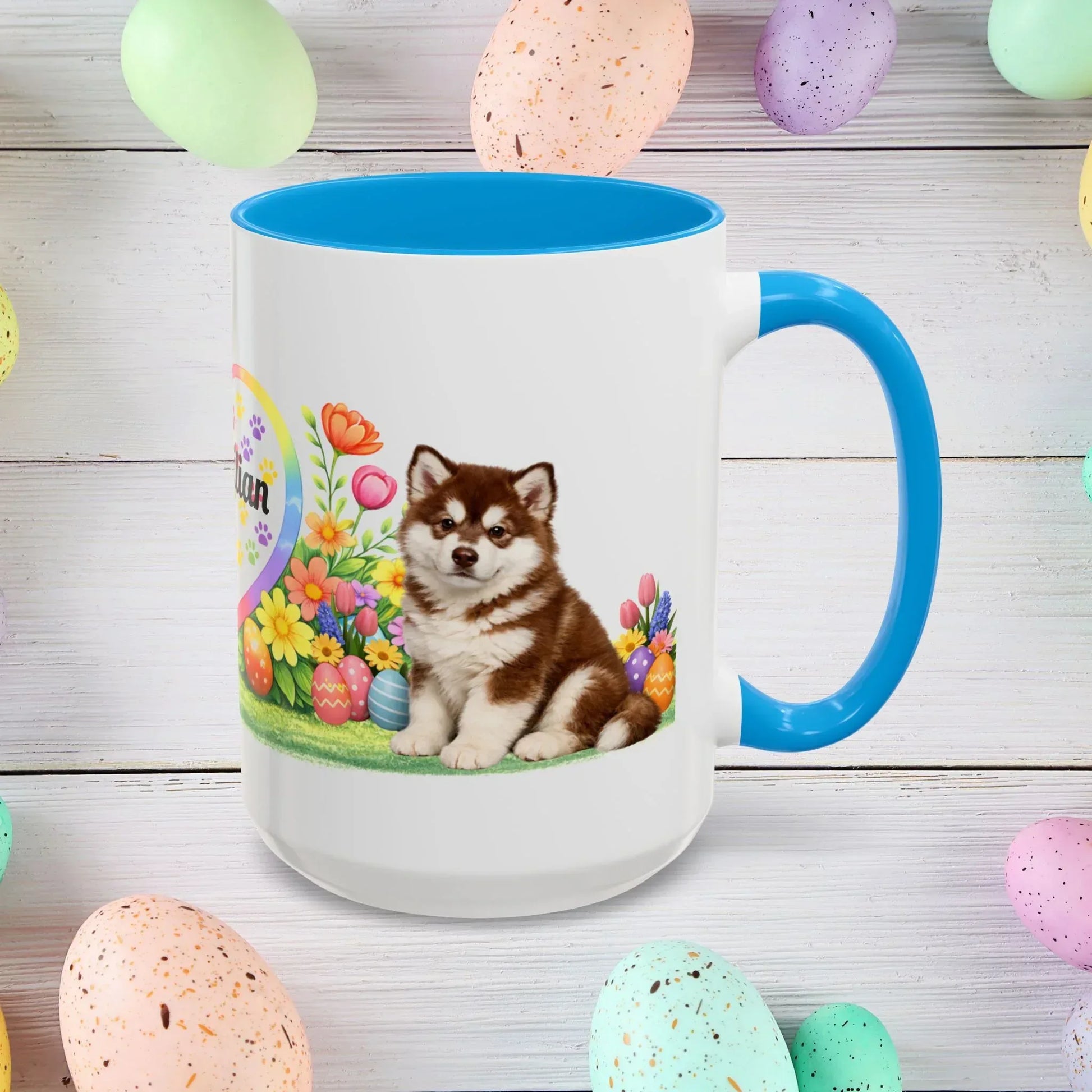 Shop our alaskan malamute red white puppy easter mug featuring the 15oz style option from MySisterIsASurvivor.