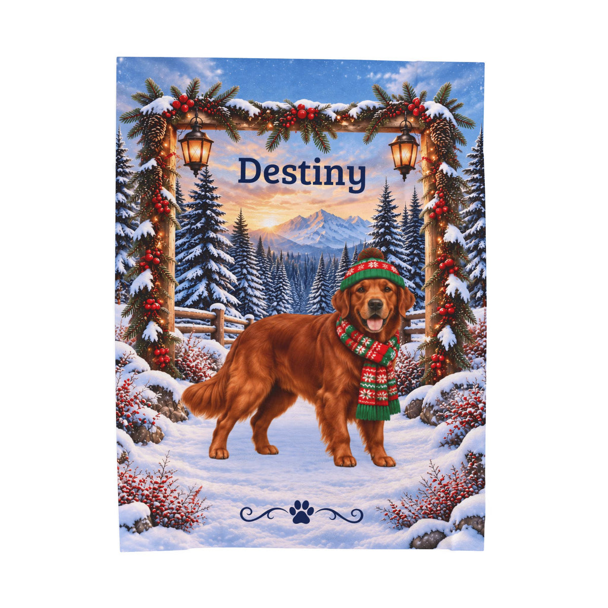 Golden Retriever (Red Coat) - Custom Name Winter Lodge Blanket, Personalized Field Golden Lover Gift