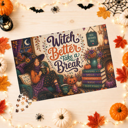 Witch Better Take a Break Halloween Puzzle - Witch in Armchair with Self Care is a Spell Pillow and Magic Books