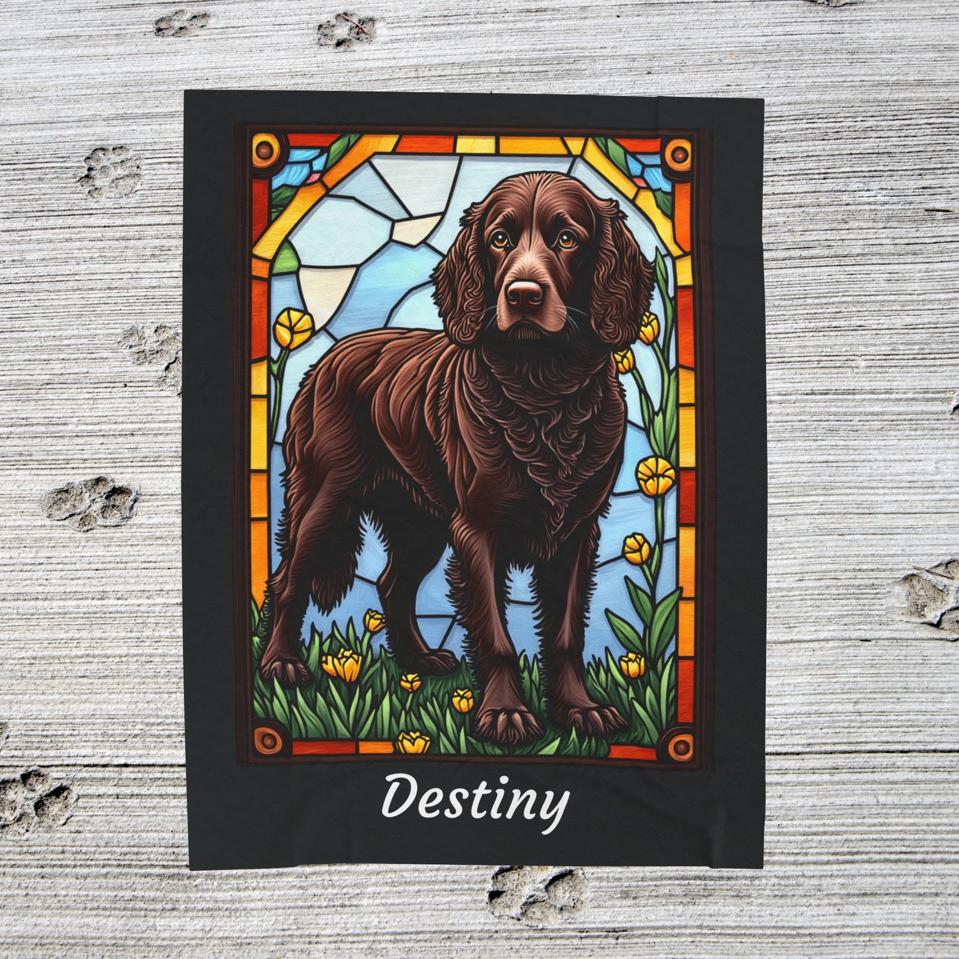 American Water Spaniel velveteen blanket, custom dog throw, personalized stained glass pet gift - MySisterIsASurvivor