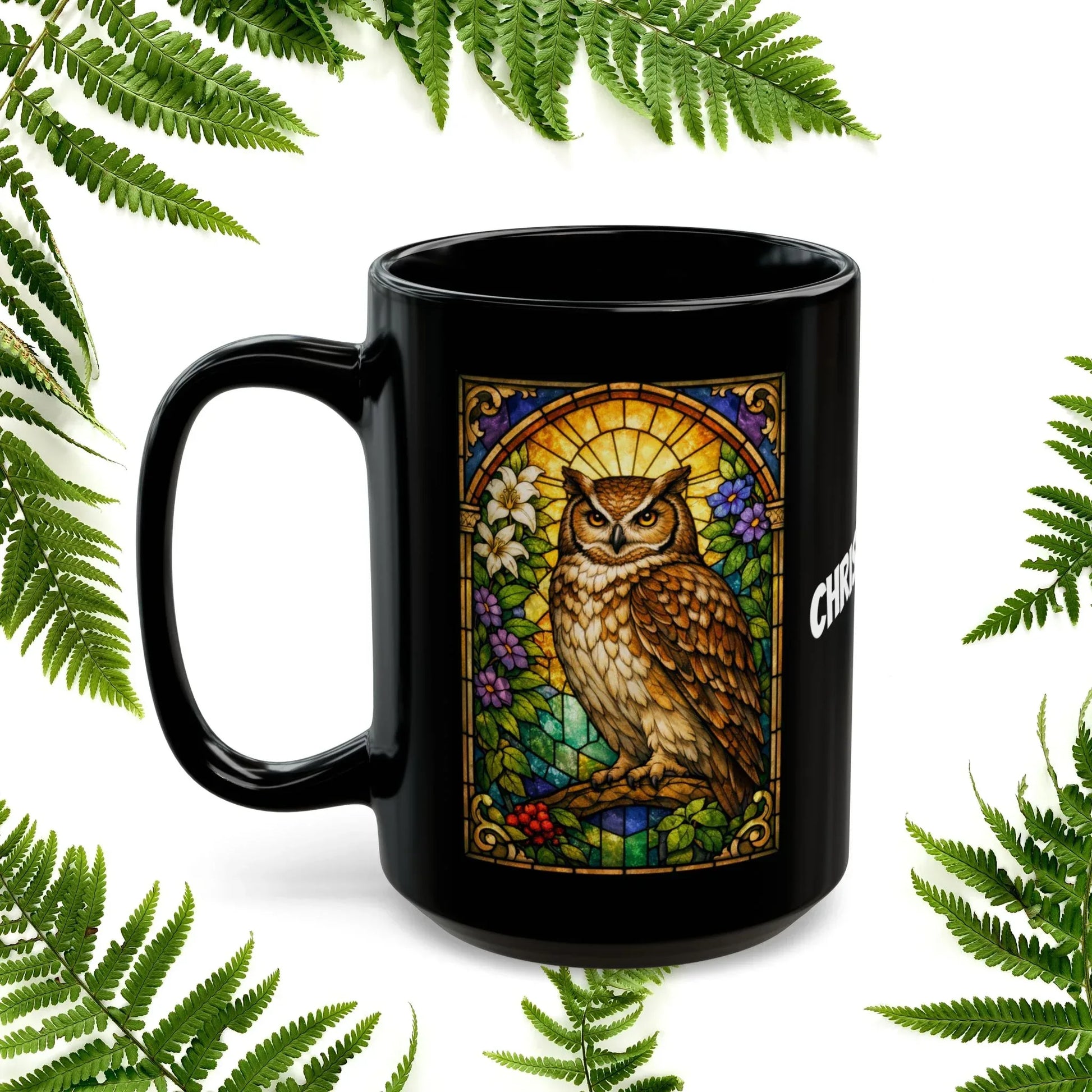 Shop our premium owl stained glass style black mug from MySisterIsASurvivor.
