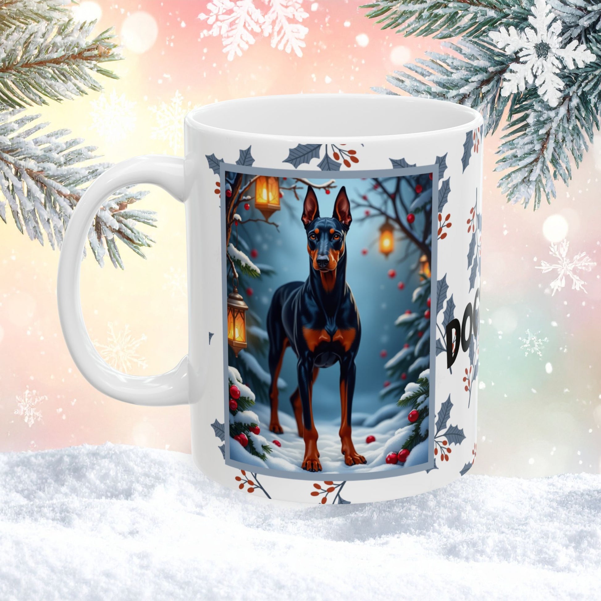 Doberman (Blue & Rust) Winter Mug - blue and rust Doberman artwork standing in a cozy winter setting with snow-covered trees