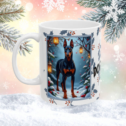 Doberman (Blue & Rust) Winter Mug - blue and rust Doberman artwork standing in a cozy winter setting with snow-covered trees